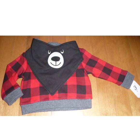 Baby LULLABY Lane BLACK BEAR Buffalo Check Sweatshirt Bib Outfit Size 0/3 mo NWT - Picture 2 of 5